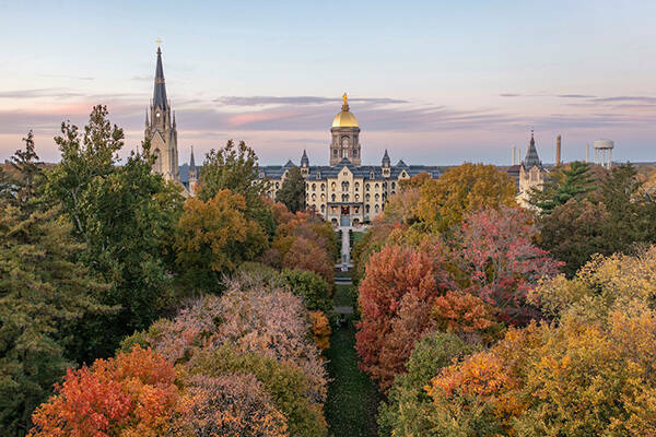 Aerial of Notre Dame in the Fall