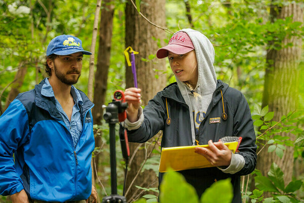 Ecology field trip: two students work on tree survey assignment