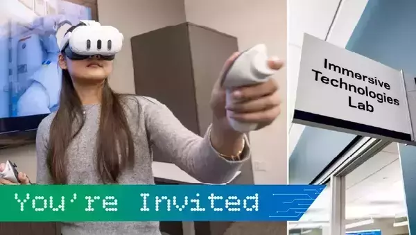 On the left, a person with long brown hair wears a white VR headset and holds motion controllers with a large monitor displaying a virtual environment behind her. On the right, a white sign hanging from the ceiling reads "Immersive Technologies Lab" in bold black text. A teal and blue gradient banner across the bottom reads "You're Invited" in a white, digital-style dot-matrix font.