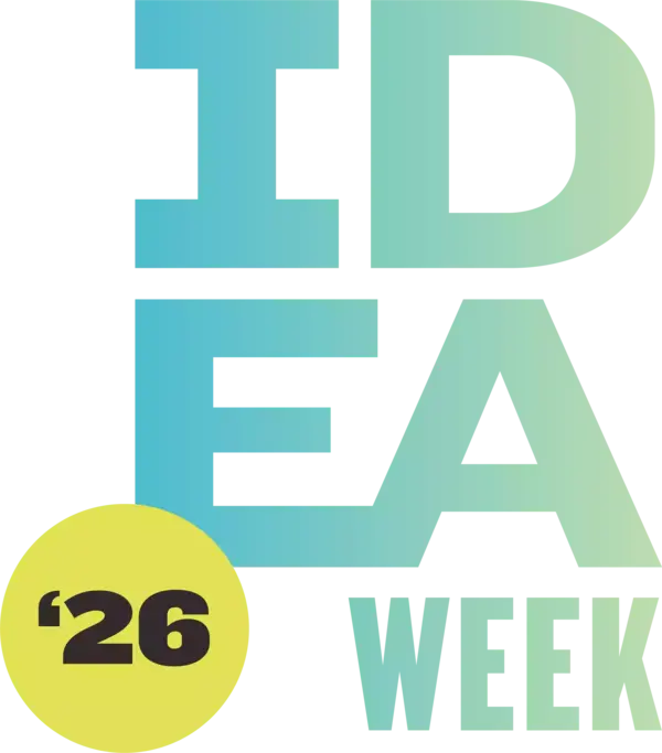 Large gradient teal to green letters spell out IDEA WEEK. A yellow circle with black text '26' overlaps the lower left.