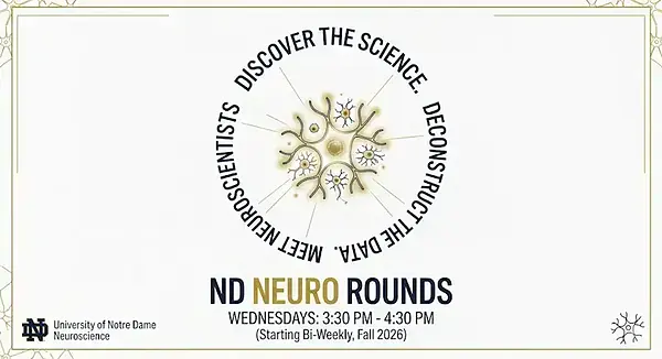 ND Neuro Rounds event graphic with a stylized neuron image and text.